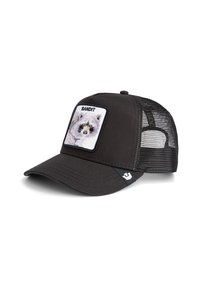 Gorra de camionero negra con un parche frontal de un mapache y el texto "BANDIT". Parte trasera de malla para mayor transpirabilidad, visera curva y acento de logo.