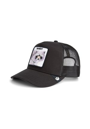 Black trucker hat featuring a front patch of a raccoon with the text "BANDIT." Mesh back for breathability, curved brim, and logo accent.