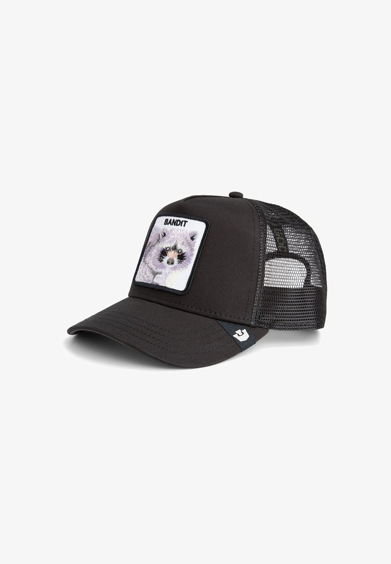 Gorra de camionero negra con un parche frontal de un mapache y el texto "BANDIT". Parte trasera de malla para mayor transpirabilidad, visera curva y acento de logo.