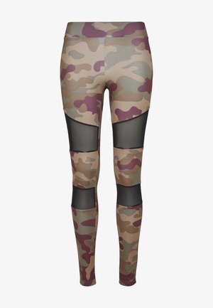 Kamuflaažidega retuusid rohelises, pruunis ja lillakas toonis, millel on põlvedel võrkkangast detailid ning tume ja sileda tekstuuriga vöökoht.