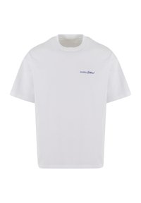 White cotton t-shirt, relaxed fit, round neckline, short sleeves, features small blue embroidered text: "Another Cotton!" on the left chest.