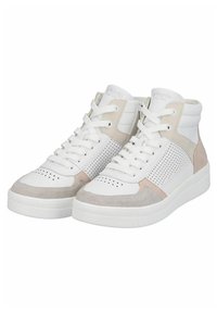 Baskets montantes en cuir blanc et suède beige, avec des panneaux perforés, un bout arrondi et une semelle en caoutchouc texturé.