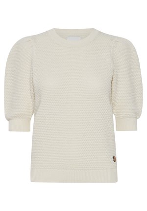 Cremefarbener, gestrickter Pullover mit kurzen Puffärmeln, gerippten Bündchen und rundem Halsausschnitt. Verfügt über eine dezente Textur und ein kleines Logodetail.
