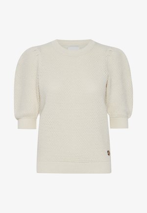Pull en tricot couleur crème avec des manches courtes bouffantes, des poignets côtelés et un col rond. Présente une texture subtile et un petit logo.