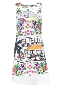 Mouwenloze jurk met kleurrijke bloemen- en tropische prints, witte basis, ronde halslijn en licht uitlopende silhouet.