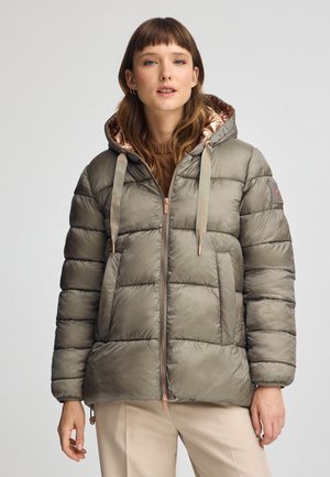 Puffed olive green jacket with a shiny texture, featuring a hood, zipper front, and gold-toned hardware. Padded design with vertical seam accents.