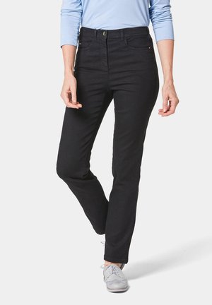 Schwarze Jeans aus Denim mit schlanker Passform, mittelhoher Taille, Vorder- und Hintertaschen sowie klassischem Knopf- und Reißverschluss. Einfache Gestaltung und glatte Textur.