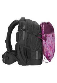 Black backpack featuring multiple compartments, padded back, and adjustable straps, alongside a detachable pink and purple drawstring pouch.