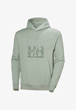 Sudadera con capucha de color verde claro de Helly Hansen con bolsillo canguro frontal y logotipo que presenta dos letras "H", una con un patrón de vetas de madera.