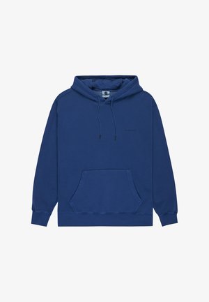 Navy blue hooded sweatshirt made of cotton, featuring a kangaroo pocket, adjustable drawstrings, and ribbed cuffs and hem.