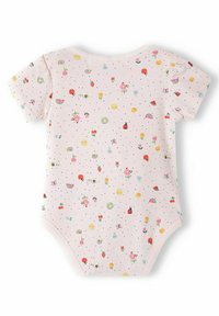 Short-sleeve pink bodysuit with colorful fruit and flower patterns, featuring small black dots throughout and a snap closure at the bottom.