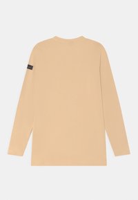 Camisola bege de mangas compridas, feita de algodão macio, com um decote redondo e um pequeno rótulo da marca na manga esquerda. Design simples, sem padrões.