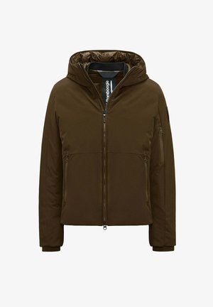 Brown insulated jacket with a hood, featuring zippered front pockets and ribbed cuffs. Smooth exterior with a glossy inner lining.