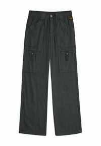Pantaloni cargo grigi scuri, con vita elastica, numerose tasche frontali e lacci regolabili. Realizzati in un tessuto leggero e morbido.