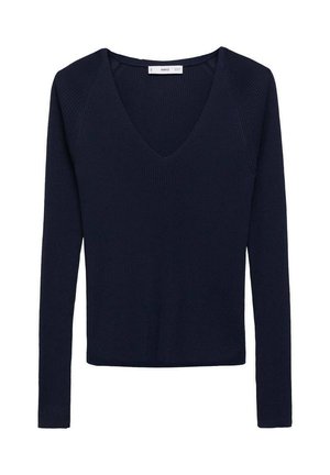 Marinblå långärmad topp med ribbad textur, V-halsdesign och figurnära passform. Har raglanärmar och ingen synlig hårdvara.