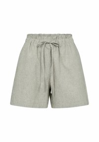 Jasnoszare szorty z wysokim stanem w cienkie białe pionowe paski, z wiązanym paskiem z materiału w elastycznym pasie.