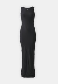 Svart maxiklänning med en elegant, figurnära design. Tillverkad av ett mjukt tyg, med ärmlös skärning och en diskret logga vid halsringningen.