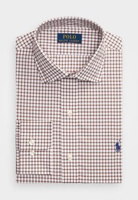 Złożona męska koszula z długim rękawem w brązową i białą kratkę, z guzikami na mankietach oraz haftowanym logo Polo Ralph Lauren w kolorze granatowym.