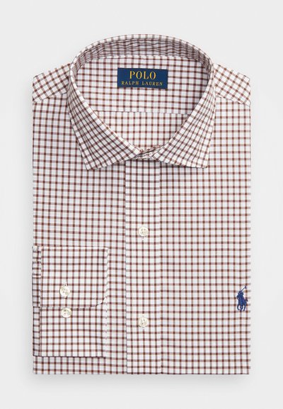 Voltitudega pikkade varrukatega meeste pluus, pruuni ja valge ruudumustriga, nööpidega mansetid ja tume sinine broderitud Polo Ralph Lauren logo.