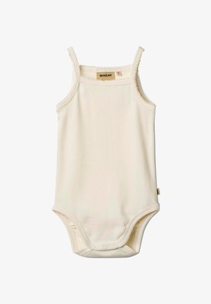 Body din bumbac de culoare crem, cu bretele subțiri, dantelă pe margini, prindere tip snap în partea de jos și un eticheta mică a mărcii pe lateral.