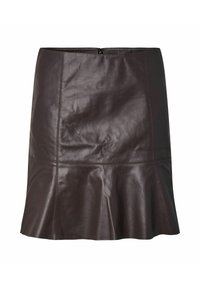 Donkerbruine leren minirok met een uitlopende zoom en zichtbare stiksels, voorzien van een ritssluiting aan de achterkant.