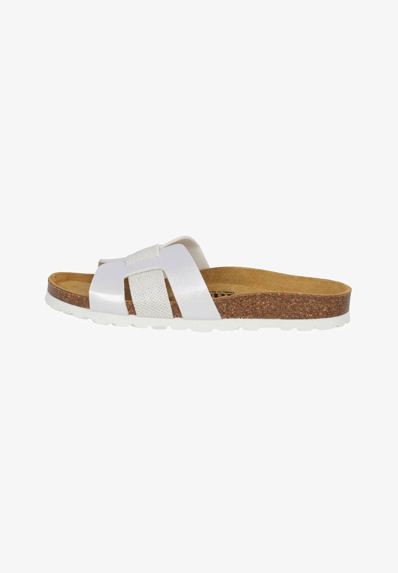 Sandale mule en simili cuir blanc avec brides croisées, semelle intérieure en liège et semelle extérieure en caoutchouc blanc. Accent texturé sur une bride. Design plat.