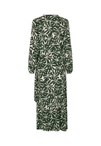 Lang grøn kjole med blomsterprint i crème, med lange ærmer og bånd i taljen, lavet af let stof og med en let svajende silhuet.