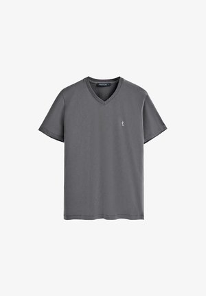 Gray short-sleeve T-shirt with a V-neck, made of cotton, featuring a small logo embroidered on the left chest side.