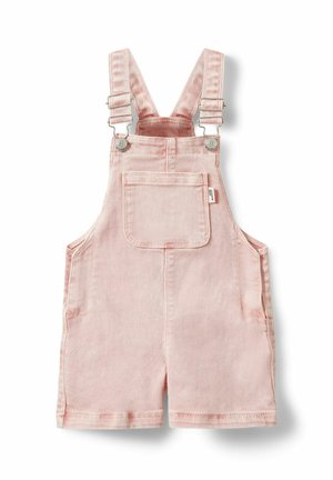 Jasnoróżowe krótkie ogrodniczki z denimu z regulowanymi szelkami na ramiona i przednią kieszenią naszywaną.