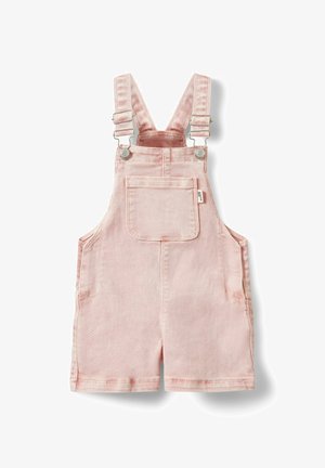 Svijetloružični traper kratki kombinezon s podesivim naramenicama i prednjim džepom s zakrpom.