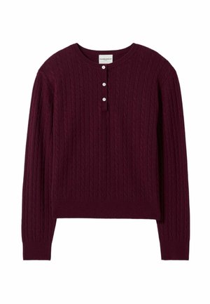 Maglione lavorato a maglia bordeaux con motivo a treccia, scollo rotondo, patta con tre bottoni e maniche lunghe. Texture morbida con orlo aderente.