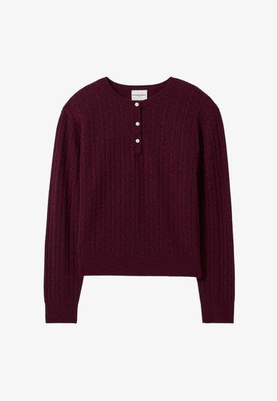 Maglione lavorato a maglia bordeaux con motivo a treccia, scollo rotondo, patta con tre bottoni e maniche lunghe. Texture morbida con orlo aderente.