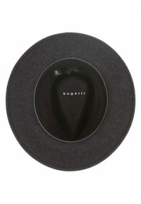 Schwarzer Filzhut mit breiter Krempe und glatter Textur. Das Innere verfügt über ein Logo und ein Größenetikett innerhalb einer runden Krone.