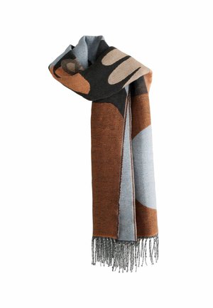 Wool scarf with abstract geometric patterns in brown, black, beige, and gray, featuring long gray fringe on the ends.