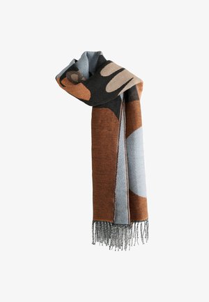 Uldhal med abstrakte geometriske mønstre i brun, sort, beige og grå, med lange grå frynser for enderne.