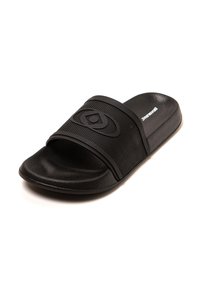 Schwarze Rutschschuhsandale aus strukturiertem Gummi, mit einem breiten, perforierten Riemen mit Logodetail und einer konturierten Sohle für Komfort.
