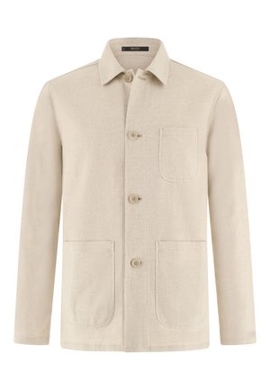 Veste beige à manches longues avec trois boutons sur le devant, trois poches plaquées et un col pointu.