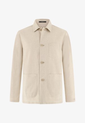 Veste beige à manches longues avec trois boutons sur le devant, trois poches plaquées et un col pointu.