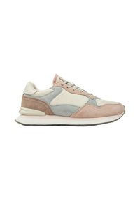 Zapatillas que combinan ante y cuero en tonos rosa pálido, gris y blanco roto, con una suela intermedia blanca gruesa y una suela exterior gris. Incluye cordones.