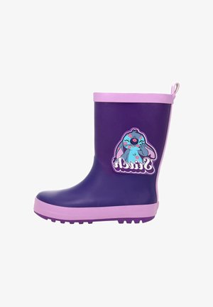 Lila Gummistiefel mit rosa Akzenten, ausgestattet mit einem Charakter-Graphic und einer strukturierten Sohle für Grip. Entwickelt für Wasserbeständigkeit.