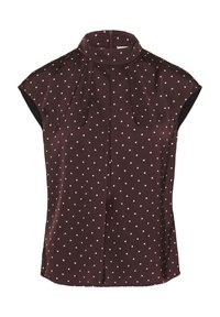Tmavobordová blúzka s krátkymi rukávmi typu cap a vysokým golierom, zdobená svetloružovými bodkami, plisovaným dizajnom a zadným zapínaním na zips.