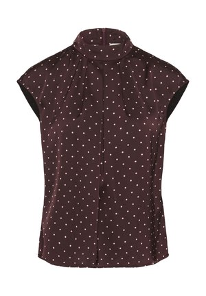 Tumeburgundia pluus lühikeste varrukatega ja kõrge kraega, millel on helekollased täpid, volditud muster ja tagaküljel lukk.