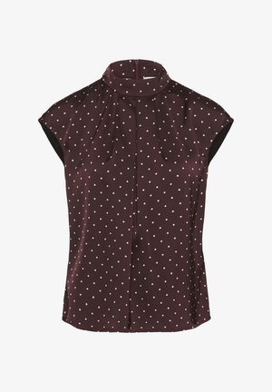 Tumeburgundia pluus lühikeste varrukatega ja kõrge kraega, millel on helekollased täpid, volditud muster ja tagaküljel lukk.