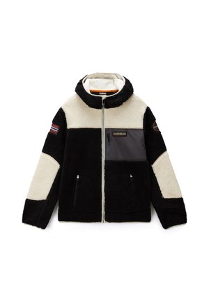Schwarz-weiße Fleecejacke mit Frontreißverschluss, zwei Reißverschlusstaschen, einer Brusttasche und Logopatches an Ärmeln und Brust.