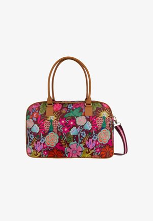 Sac à main floral coloré avec des motifs roses, verts et bleus. Présente des accents en cuir marron et deux anses supérieures. Comprend une bandoulière amovible.
