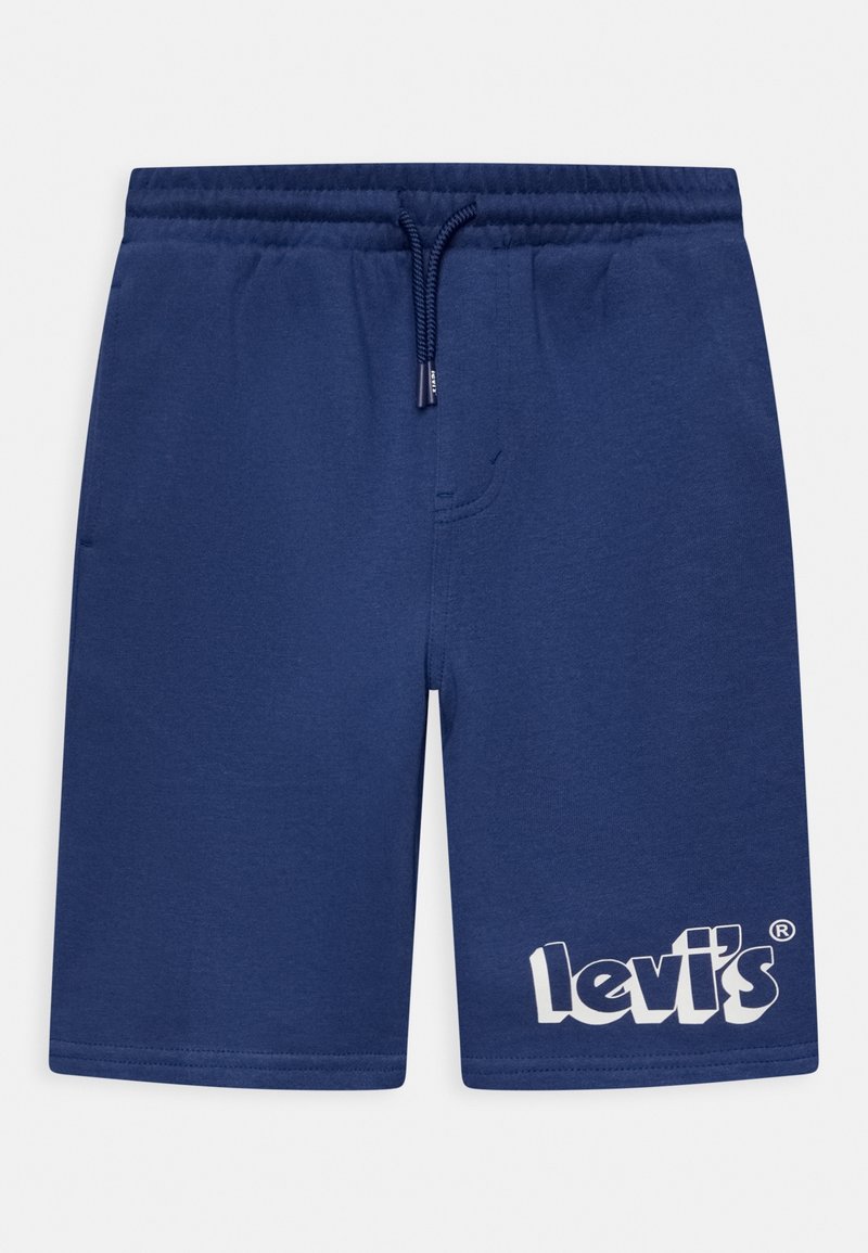 Námořnické modré bavlněné šortky s elastickým pasem, šňůrkou na stažení, bočními kapsami a bílým logem Levi's na dolní části levé nohy.