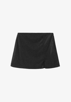 Mini falda negra con una superficie texturizada. Presenta una ligera abertura lateral y un diseño simple y aerodinámico. Hecha de un tejido liviano.