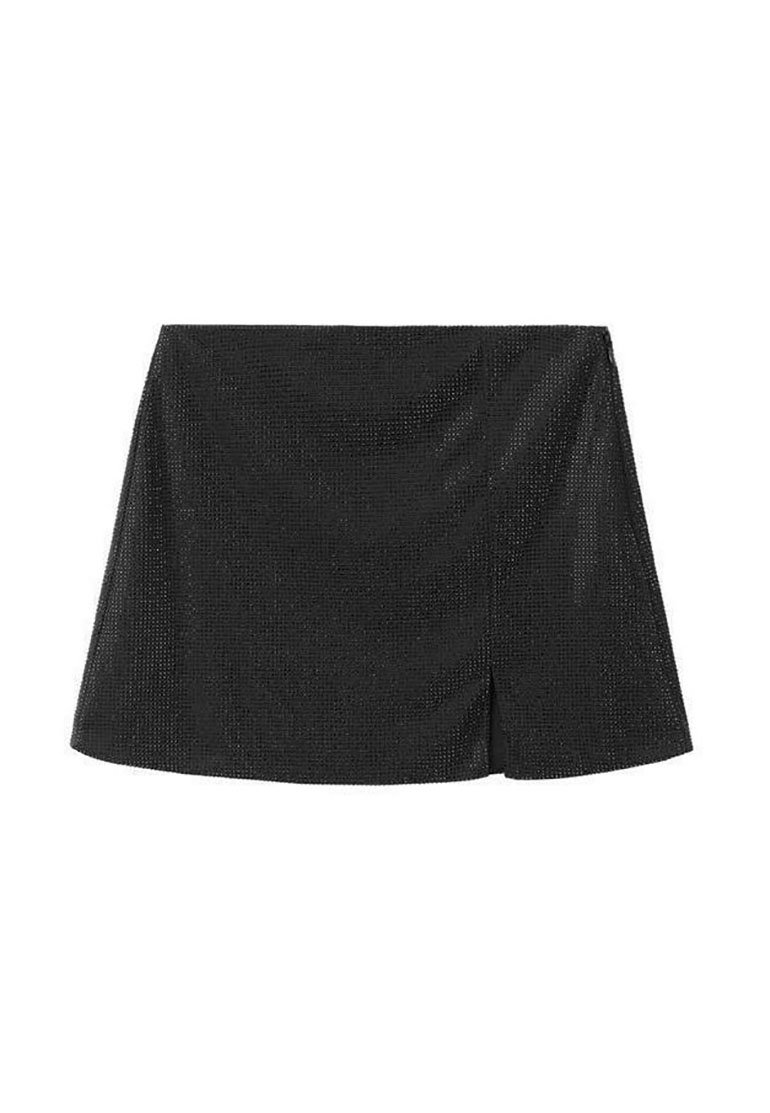 Mini falda negra con una superficie texturizada. Presenta una ligera abertura lateral y un diseño simple y aerodinámico. Hecha de un tejido liviano.