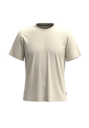 Ljust beige kortärmad t-shirt i mjukt tyg, med rund hals och en slät yta utan synliga mönster eller detaljer.