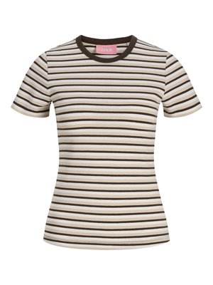 T-shirt ajusté à manches courtes avec des rayures horizontales beige, blanches et marron foncé et un col rond marron foncé.